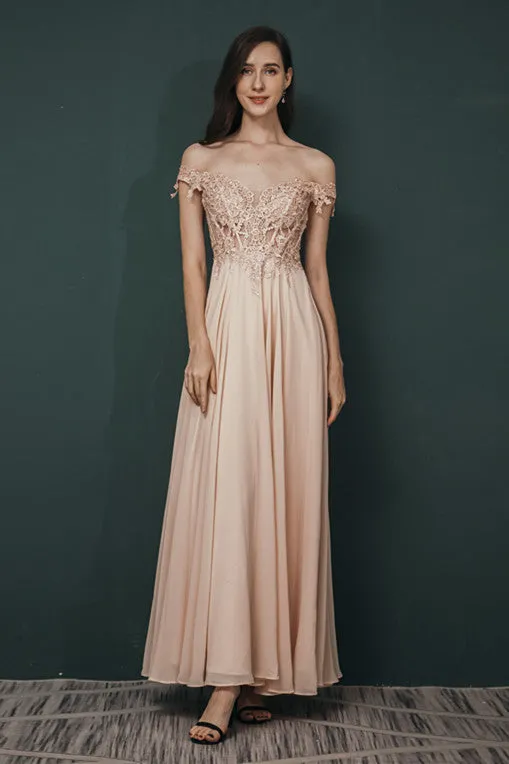 Mint Green Chiffon See-through Off-the-shoulder Lace Evening Dress