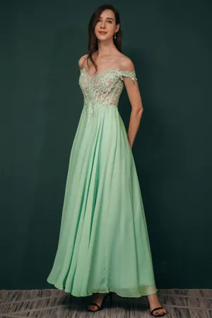 Mint Green Chiffon See-through Off-the-shoulder Lace Evening Dress