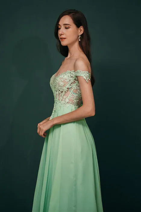 Mint Green Chiffon See-through Off-the-shoulder Lace Evening Dress