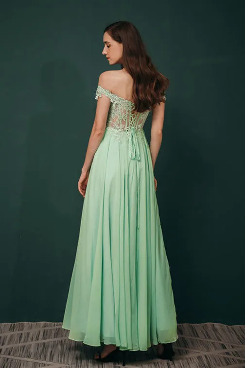 Mint Green Chiffon See-through Off-the-shoulder Lace Evening Dress