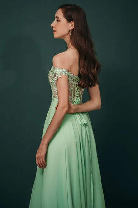 Mint Green Chiffon See-through Off-the-shoulder Lace Evening Dress