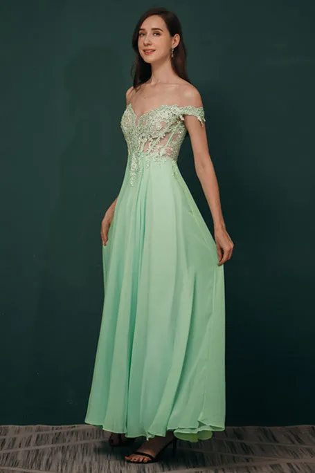 Mint Green Chiffon See-through Off-the-shoulder Lace Evening Dress