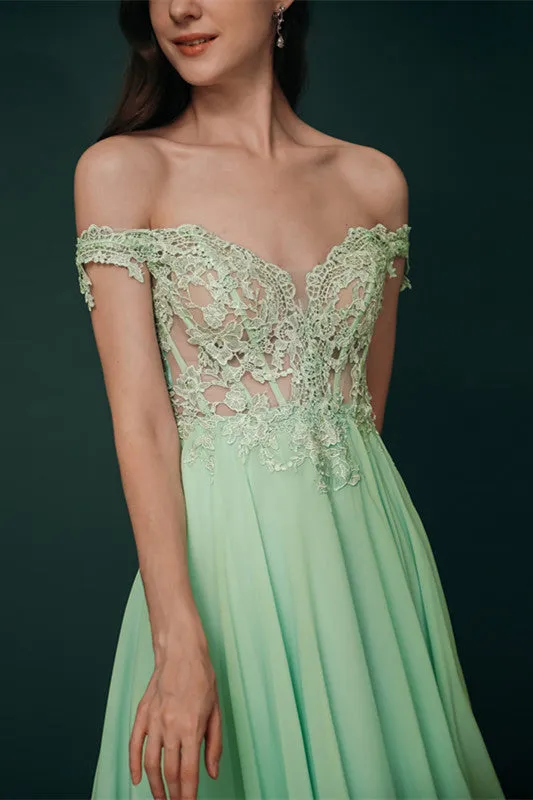 Mint Green Chiffon See-through Off-the-shoulder Lace Evening Dress