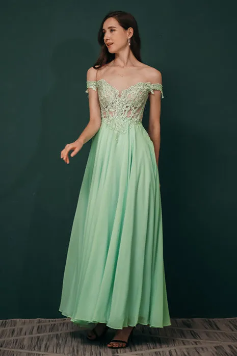 Mint Green Chiffon See-through Off-the-shoulder Lace Evening Dress