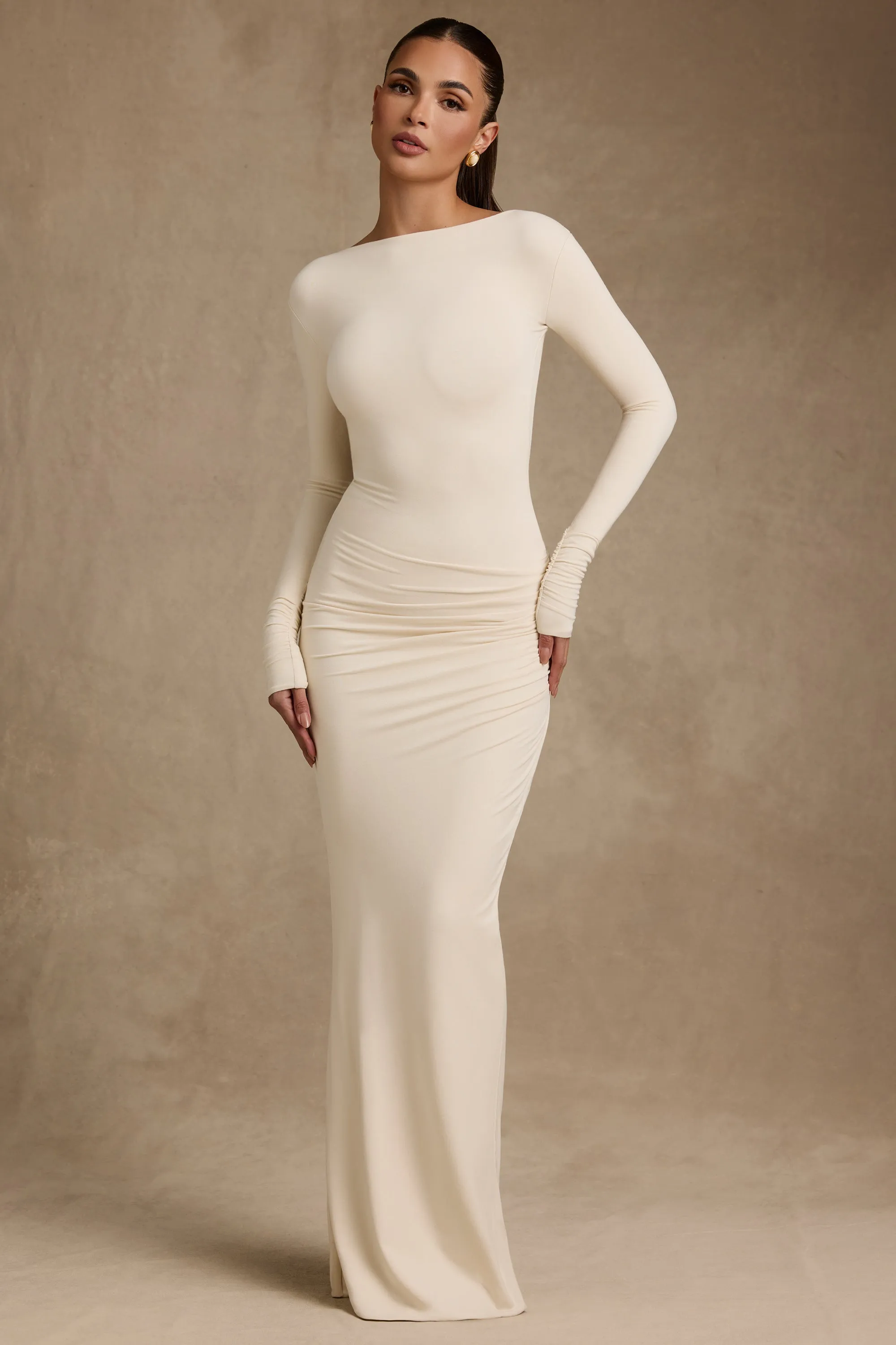 Modal Ruched Backless Maxi Dress in Ivory