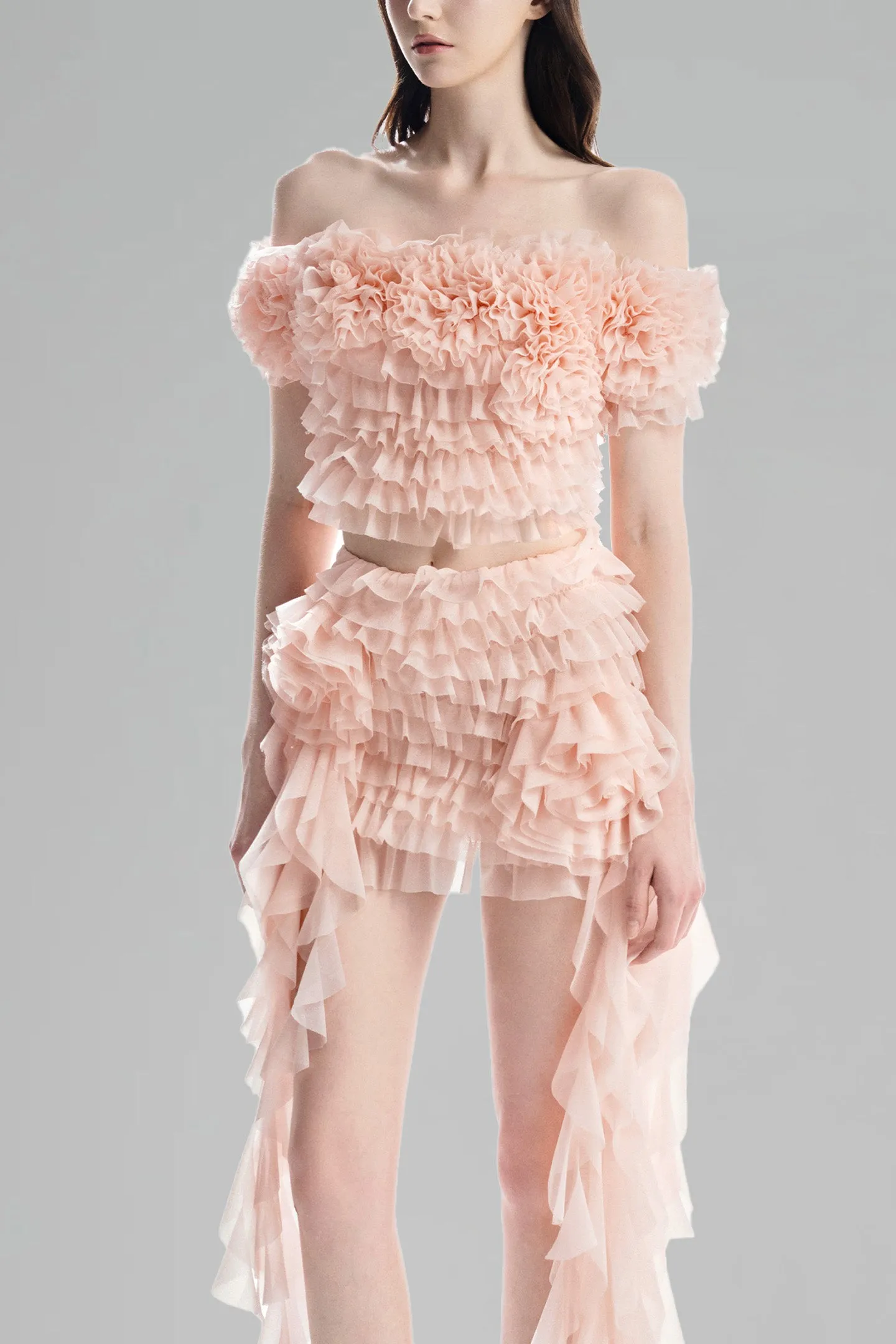 MUST HAVE • Baby Pink Off-Shoulder Cropped Top with 3D Floral Ruffled Layers