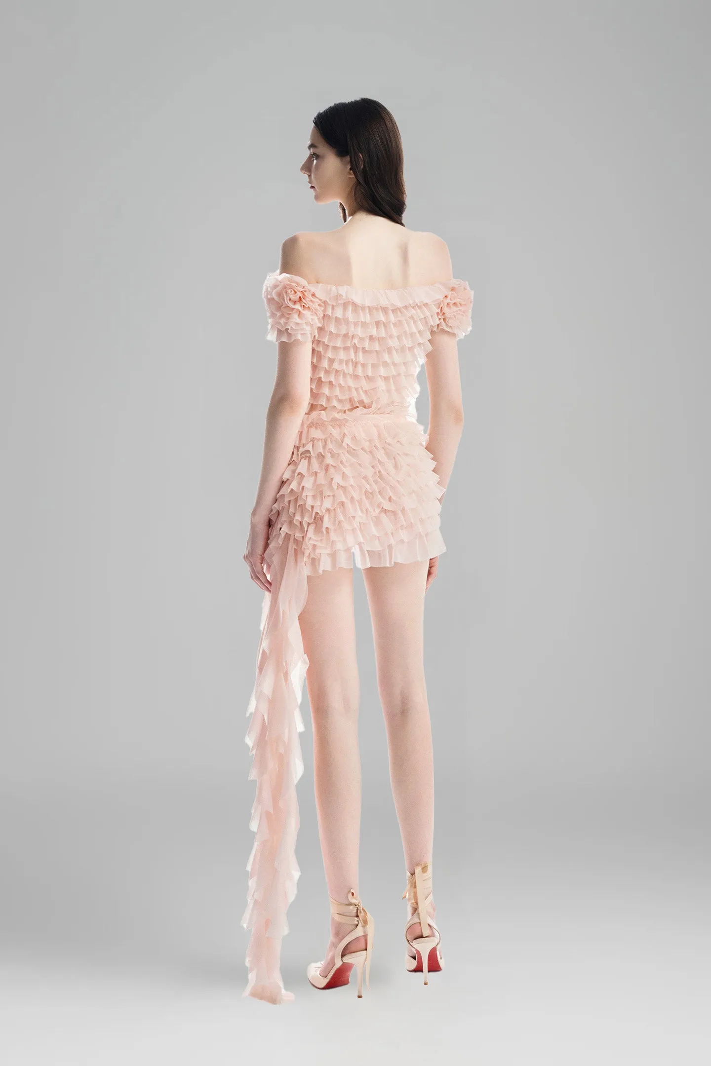 MUST HAVE • Baby Pink Off-Shoulder Cropped Top with 3D Floral Ruffled Layers