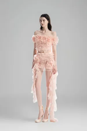 MUST HAVE • Baby Pink Off-Shoulder Cropped Top with 3D Floral Ruffled Layers