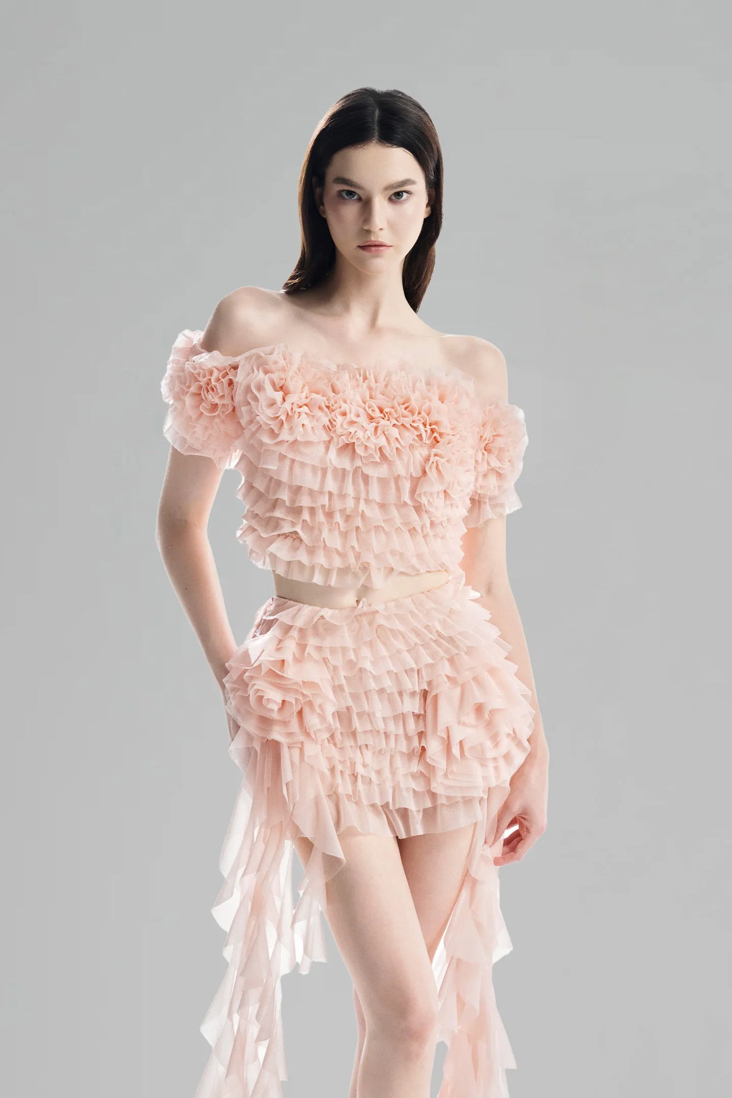 MUST HAVE • Baby Pink Off-Shoulder Cropped Top with 3D Floral Ruffled Layers