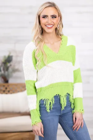 Neon Green and Ivory Fringe Hem Stripe Sweater