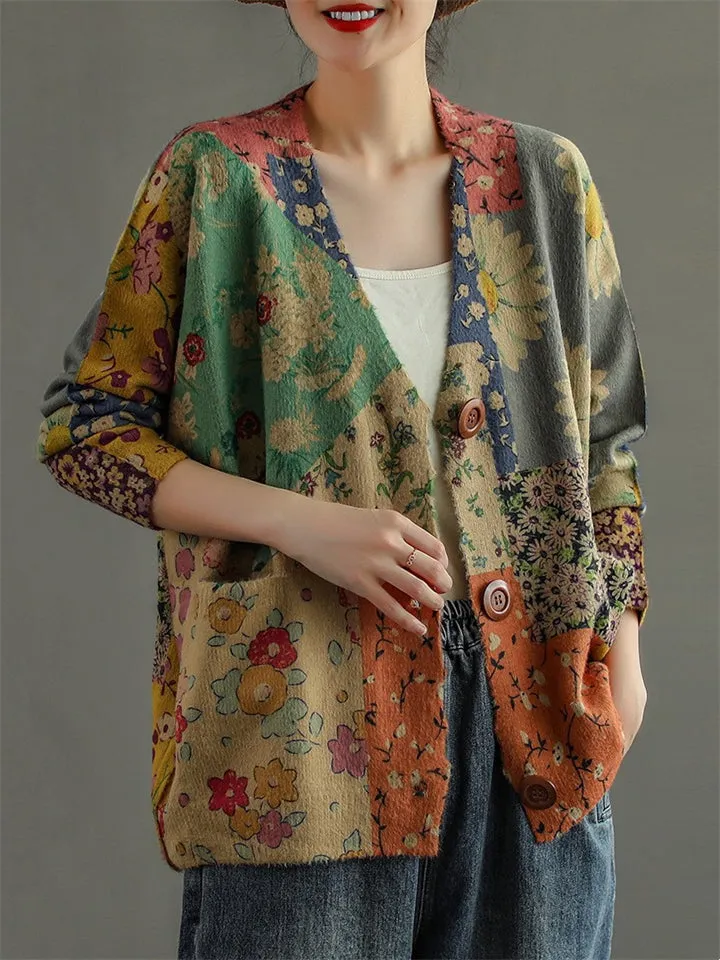 New Vintage Printed Women's Autumn Knitted Floral Jackets
