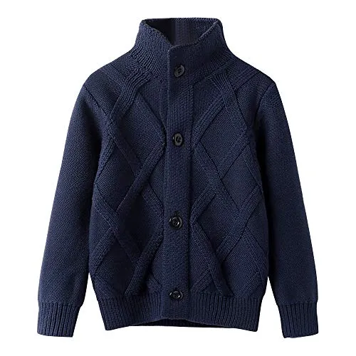 OCHENTA Boy's Turtleneck Cardigan Sweater, Navy Blue