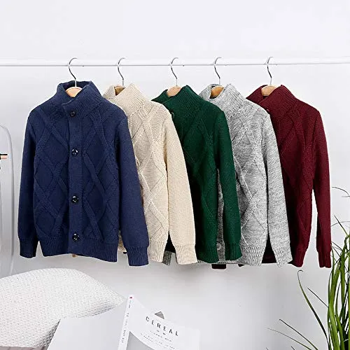 OCHENTA Boy's Turtleneck Cardigan Sweater, Navy Blue