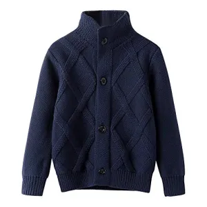 OCHENTA Boy's Turtleneck Cardigan Sweater, Navy Blue