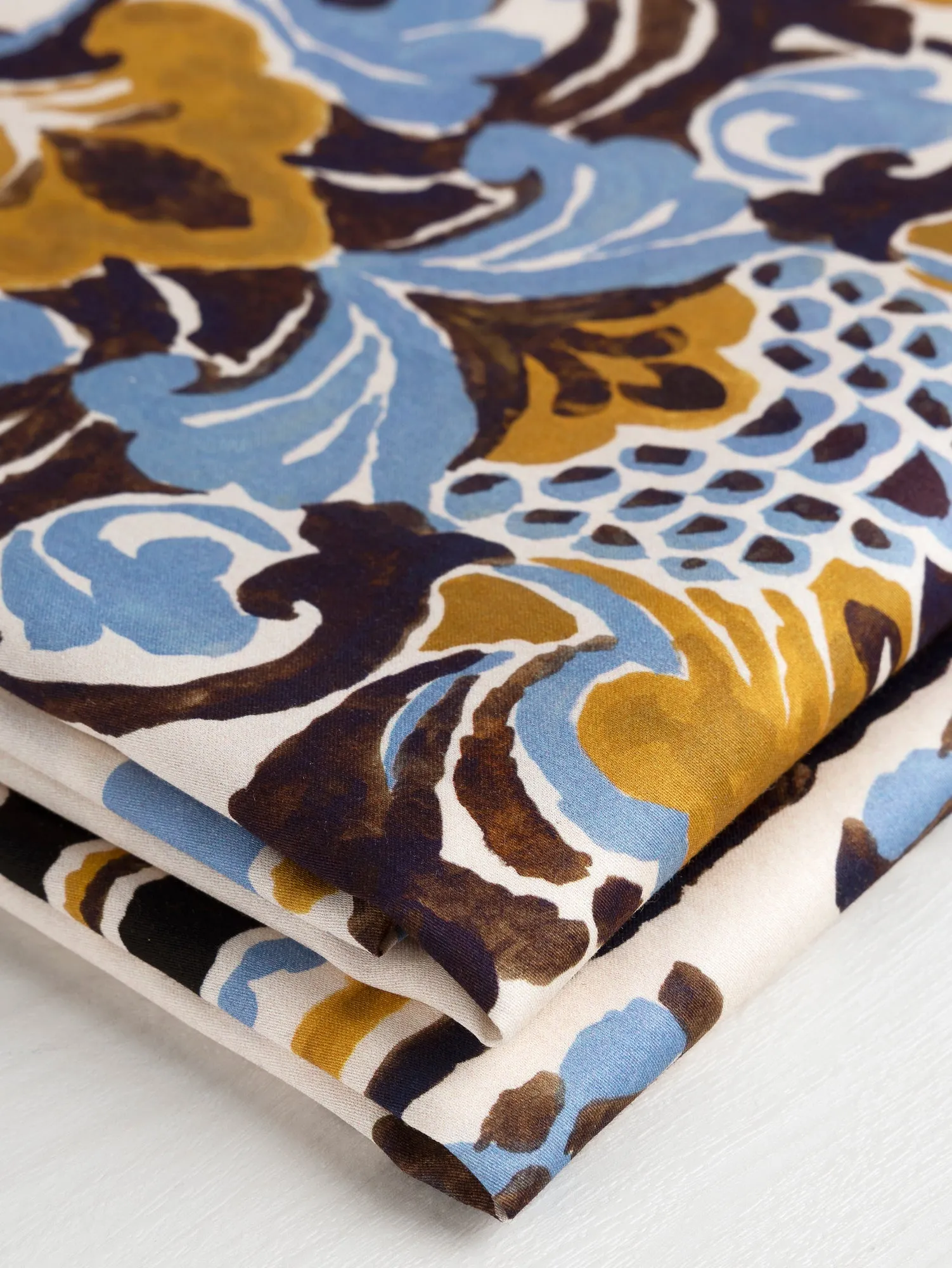 Ornamental Panel Print Cotton Lawn - Cream   Black   Ochre   Periwinkle - Swatch
