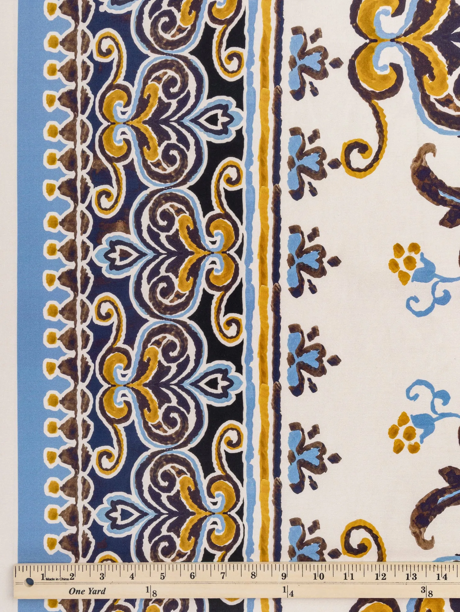 Ornamental Panel Print Cotton Lawn - Cream   Black   Ochre   Periwinkle - Swatch