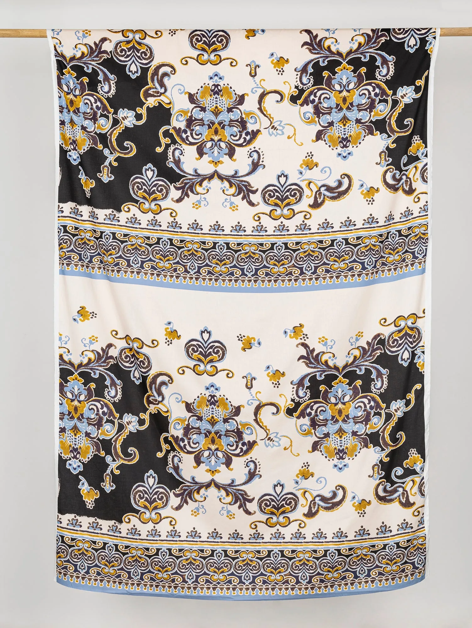 Ornamental Panel Print Cotton Lawn - Cream   Black   Ochre   Periwinkle - Swatch