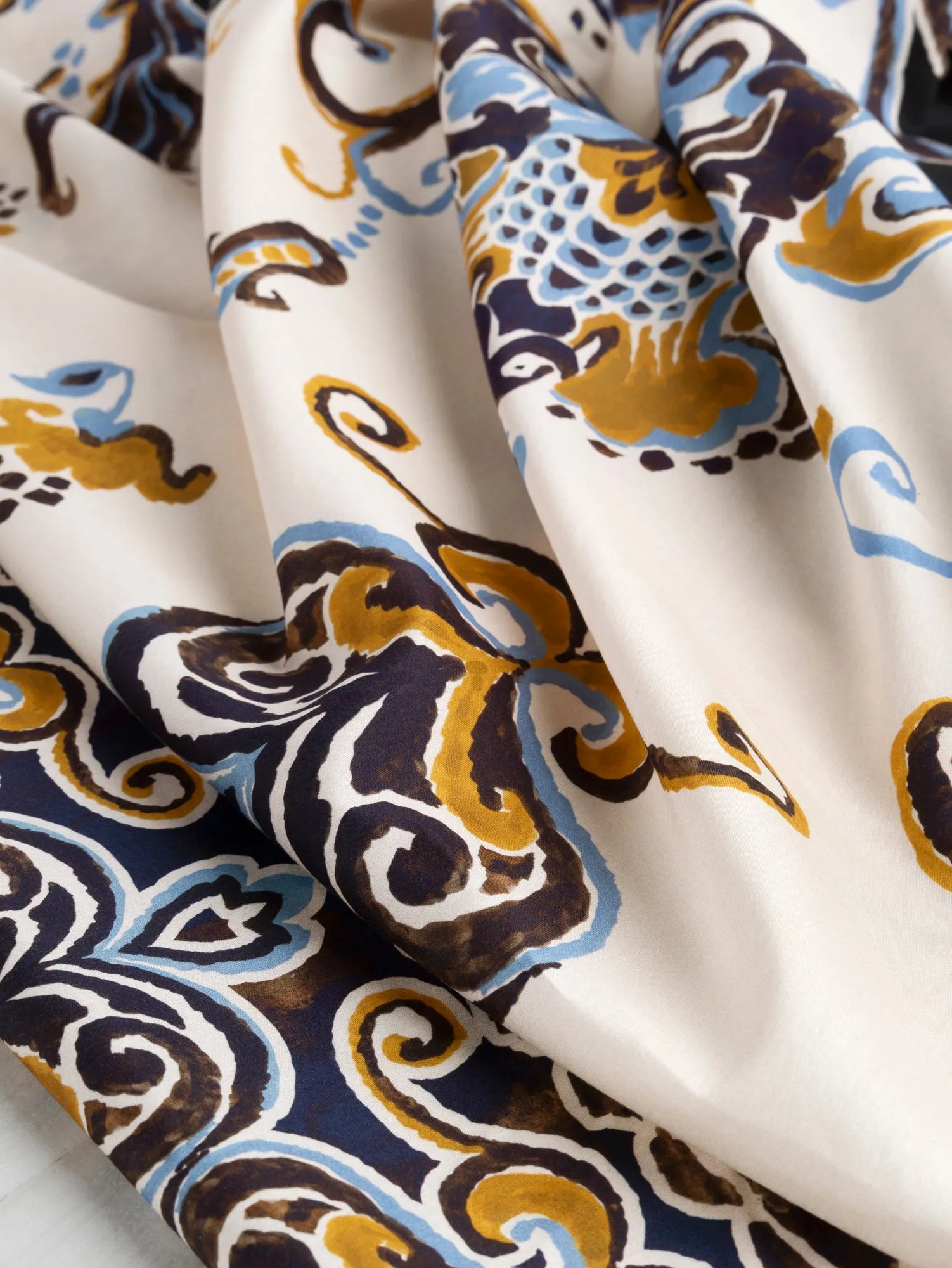 Ornamental Panel Print Cotton Lawn - Cream   Black   Ochre   Periwinkle - Swatch