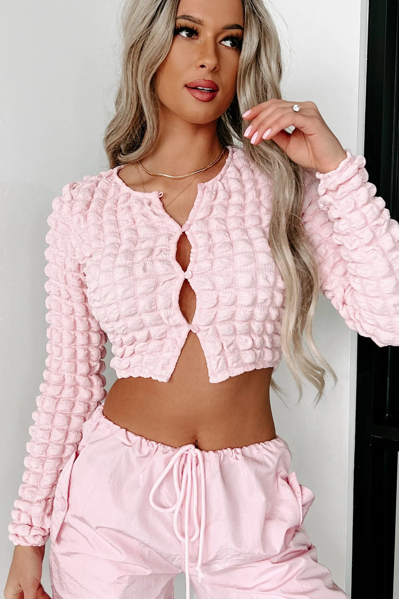 Parkside Pretty Long Sleeve Button-Front Popcorn Top (Pink)