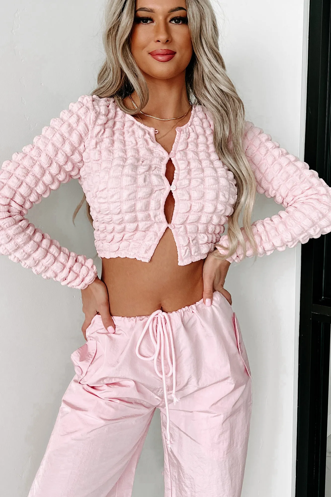 Parkside Pretty Long Sleeve Button-Front Popcorn Top (Pink)