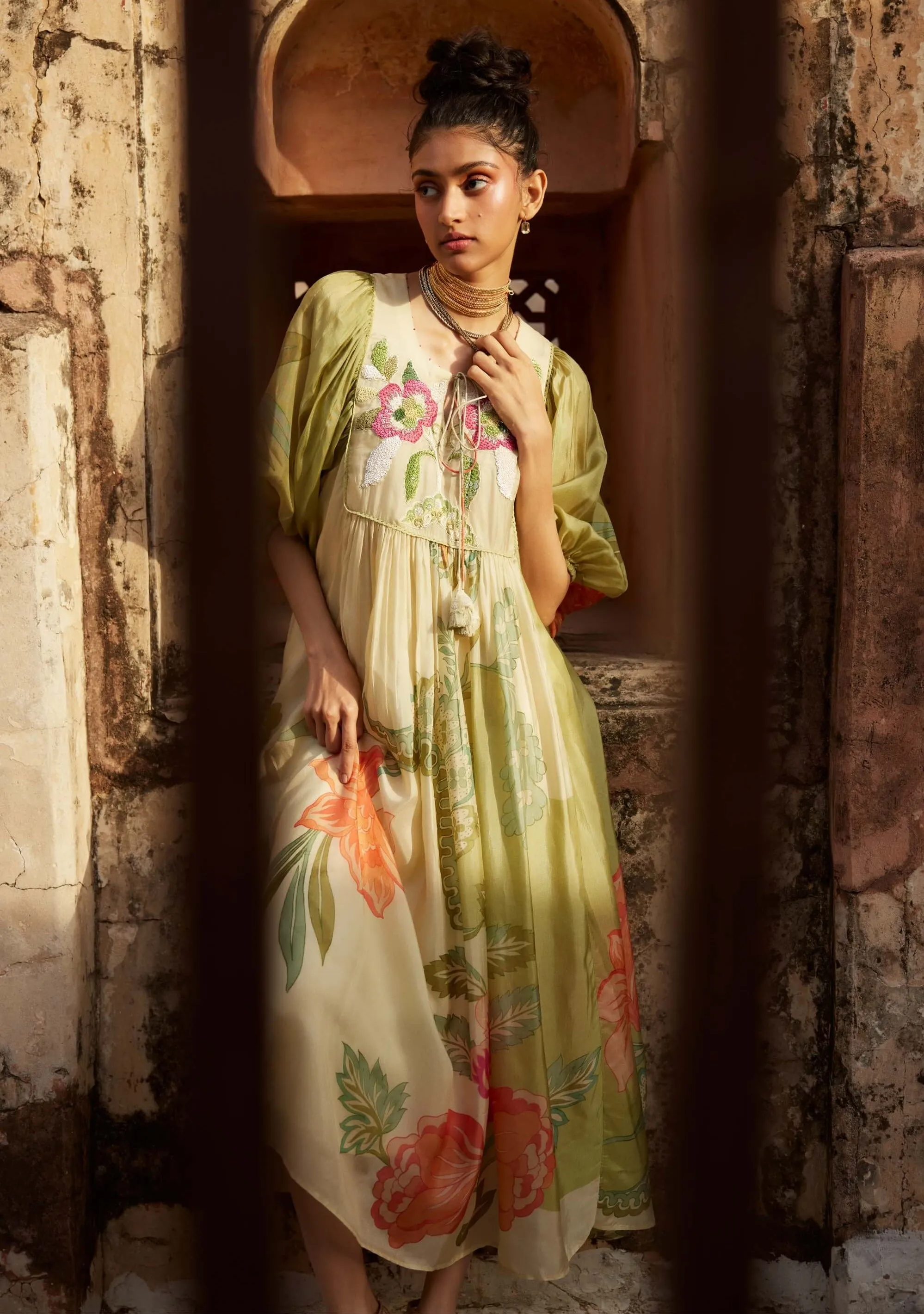 Pastel green printed maxi dress