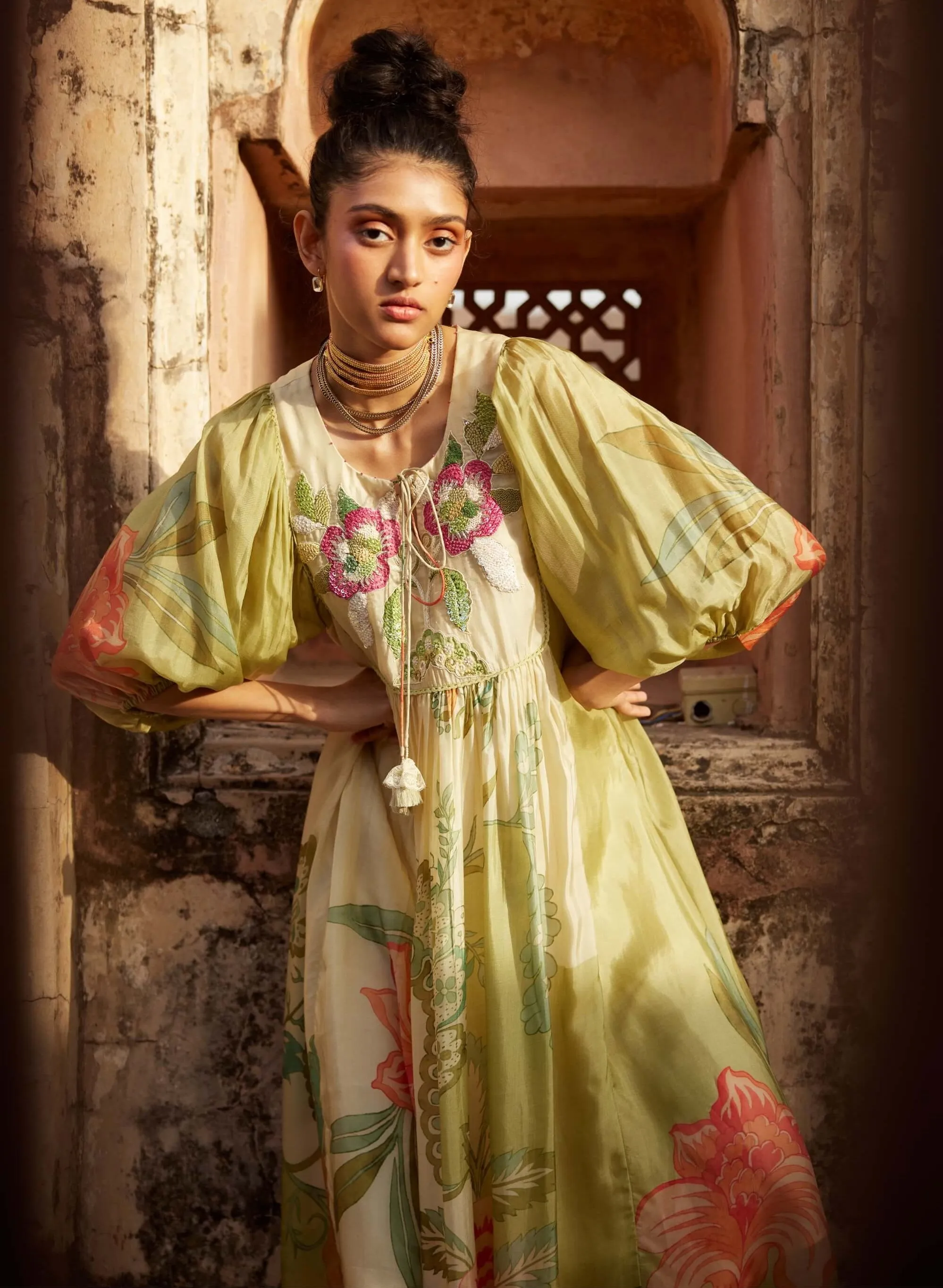 Pastel green printed maxi dress