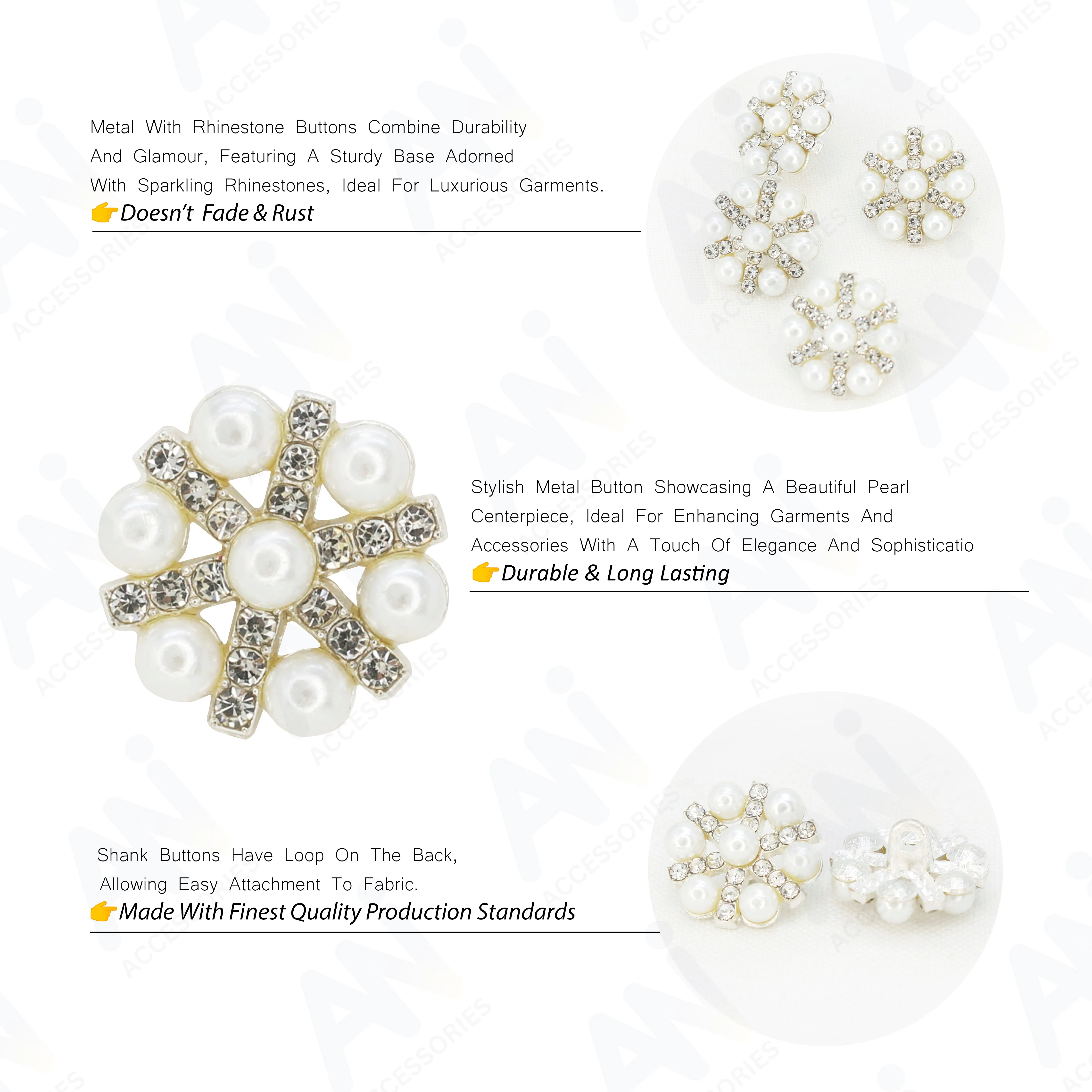 Pearl Rhinestone Silver Buttons