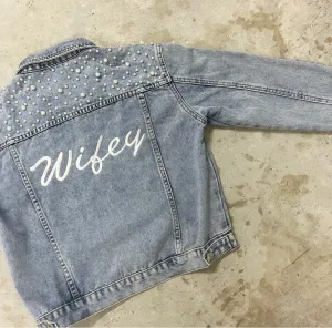 Personalised WIFEY Embroidered Pearl Denim Jacket