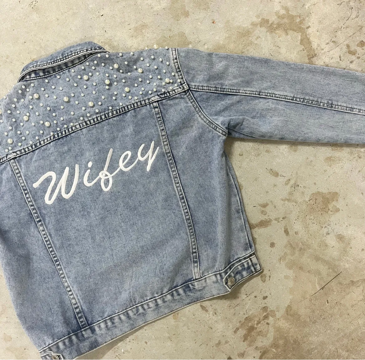 Personalised WIFEY Embroidered Pearl Denim Jacket