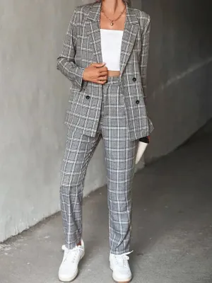 Plaid Schalkragen Büro Arbeit Hosenanzüge, Elegant Zweireiher