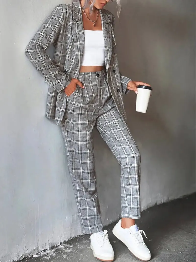 Plaid Schalkragen Büro Arbeit Hosenanzüge, Elegant Zweireiher
