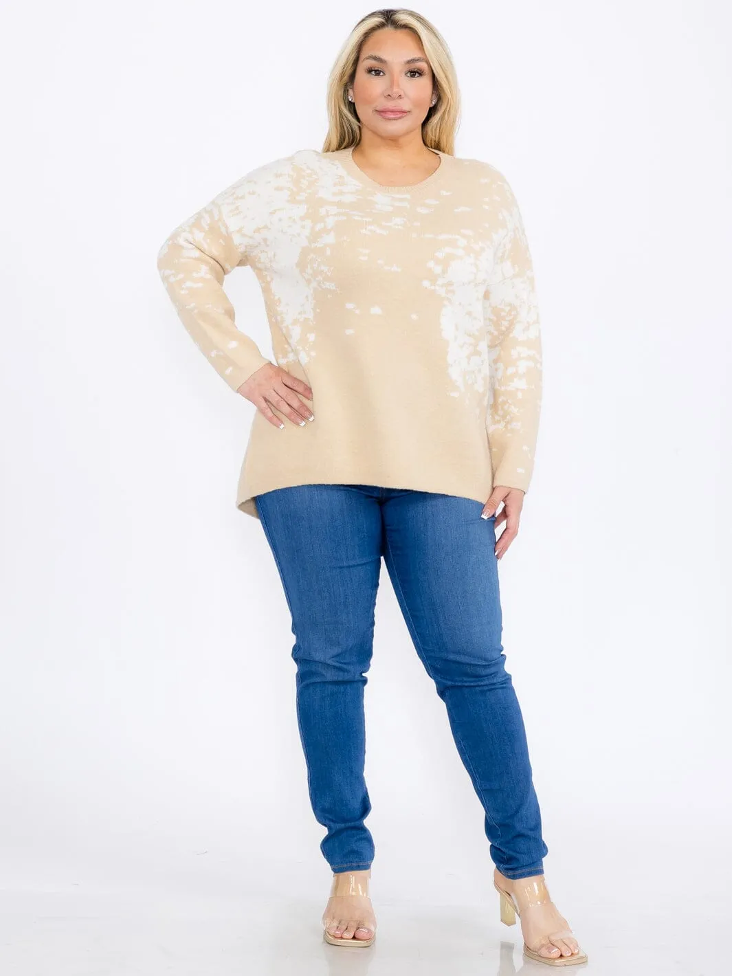 PLUS SIZE LONG SLEEVES PULLOVER HIGH-LOW COLORBLOCK TIE DYE SWEATER