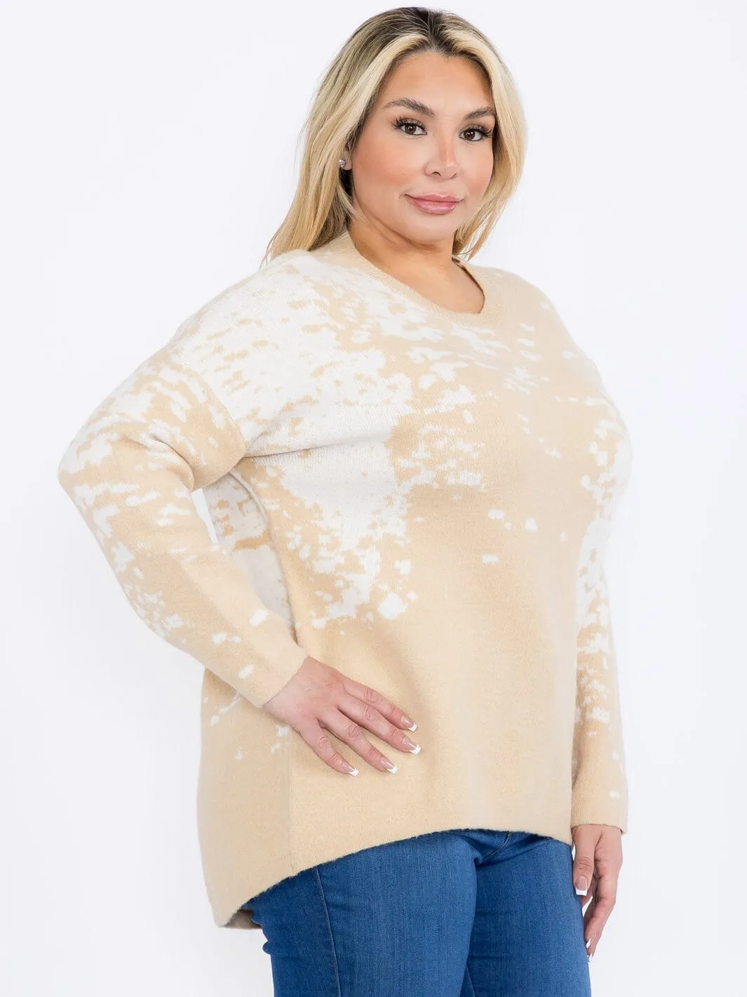 PLUS SIZE LONG SLEEVES PULLOVER HIGH-LOW COLORBLOCK TIE DYE SWEATER