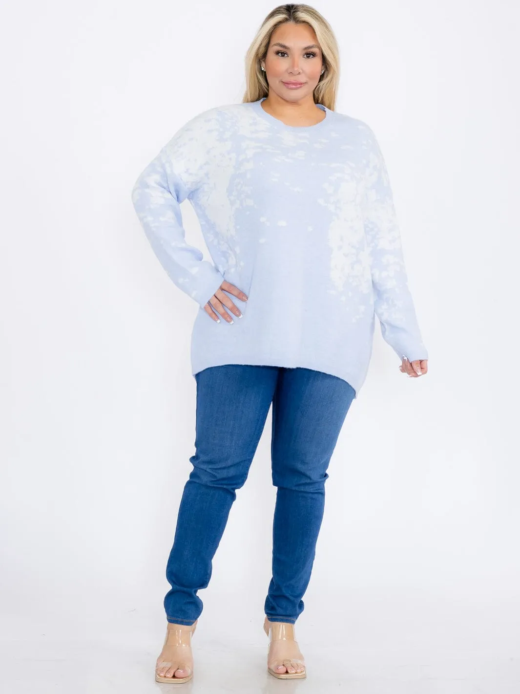 PLUS SIZE LONG SLEEVES PULLOVER HIGH-LOW COLORBLOCK TIE DYE SWEATER
