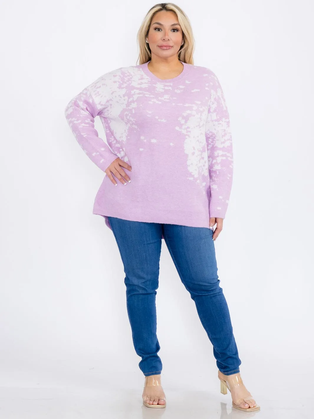 PLUS SIZE LONG SLEEVES PULLOVER HIGH-LOW COLORBLOCK TIE DYE SWEATER