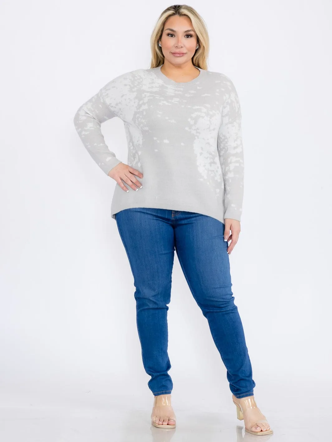 PLUS SIZE LONG SLEEVES PULLOVER HIGH-LOW COLORBLOCK TIE DYE SWEATER