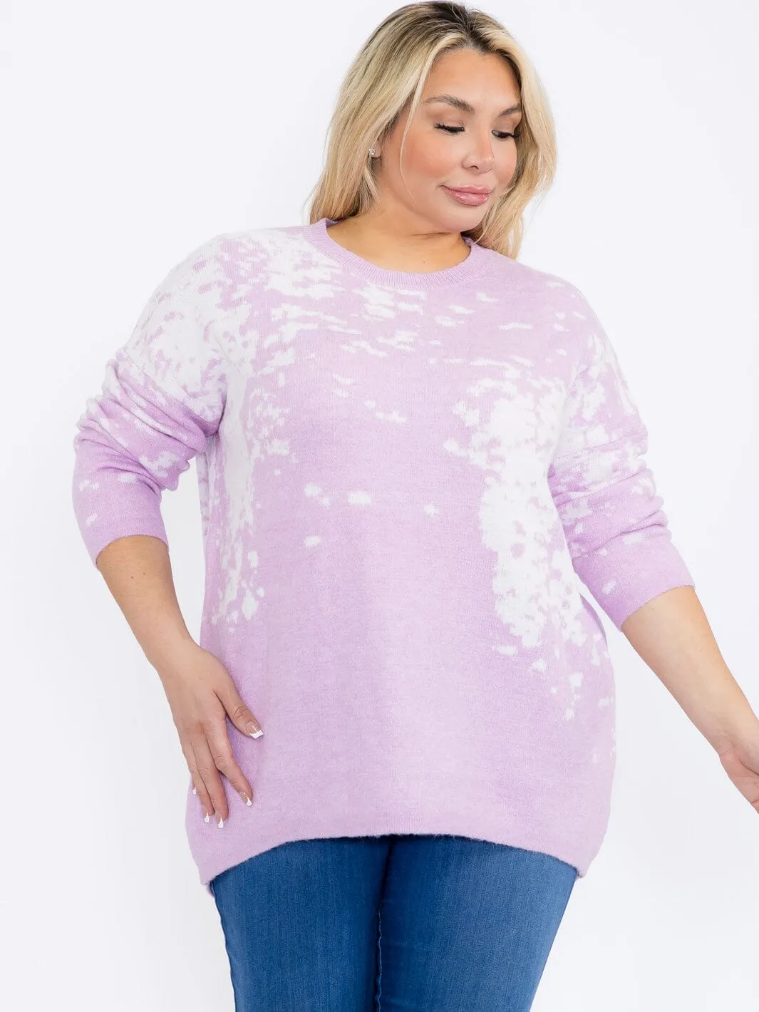 PLUS SIZE LONG SLEEVES PULLOVER HIGH-LOW COLORBLOCK TIE DYE SWEATER