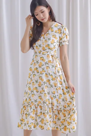 *Premium* Amanda Lemon Faux Wrap Dress In White