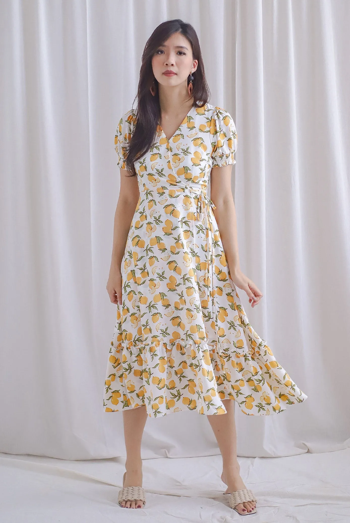 *Premium* Amanda Lemon Faux Wrap Dress In White