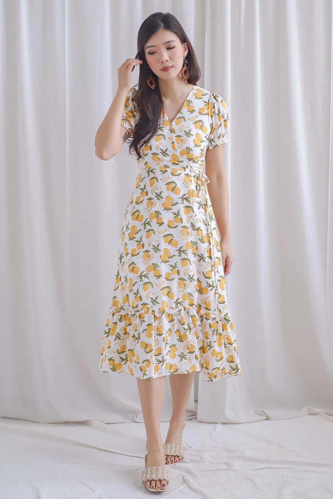 *Premium* Amanda Lemon Faux Wrap Dress In White