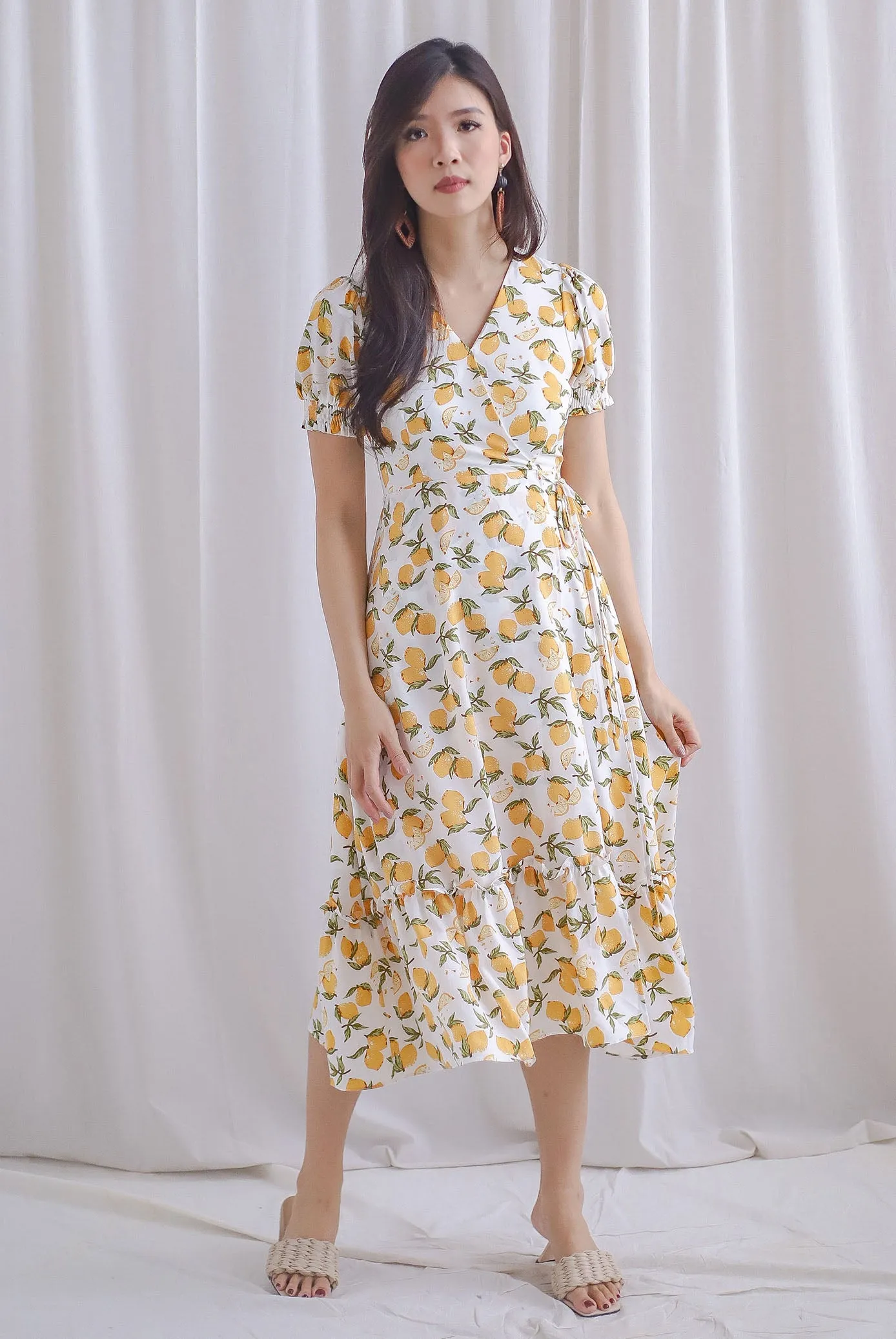 *Premium* Amanda Lemon Faux Wrap Dress In White