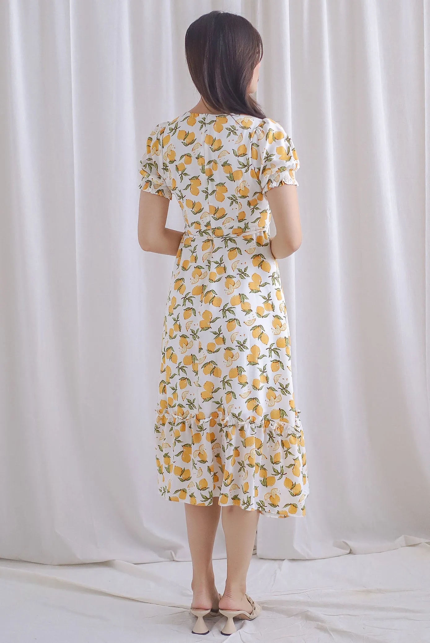 *Premium* Amanda Lemon Faux Wrap Dress In White