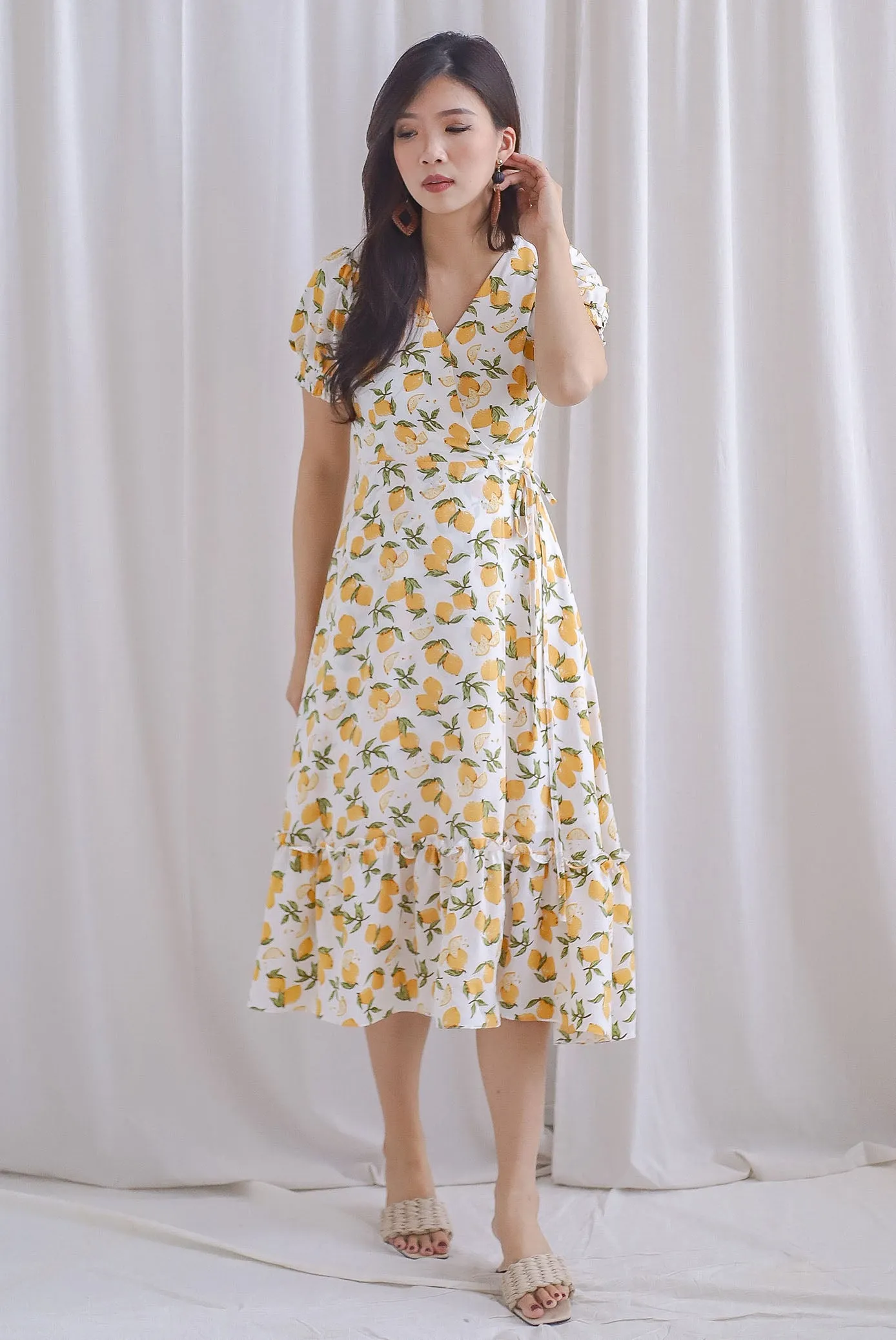 *Premium* Amanda Lemon Faux Wrap Dress In White