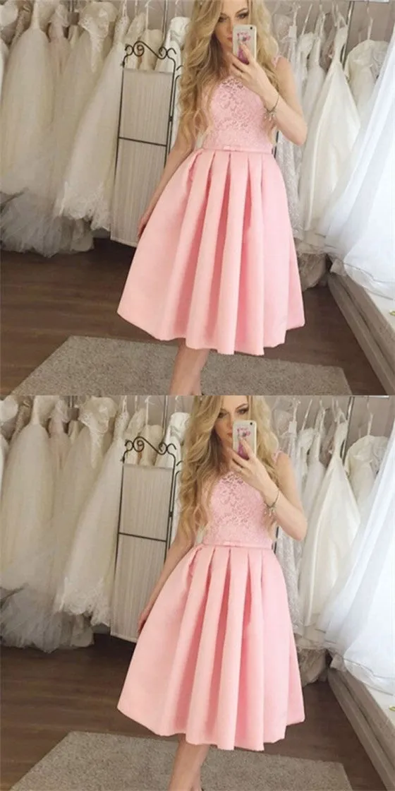 Pretty Round Neck Short Cheap Pink Homecoming Dresses with Lace, QB0219