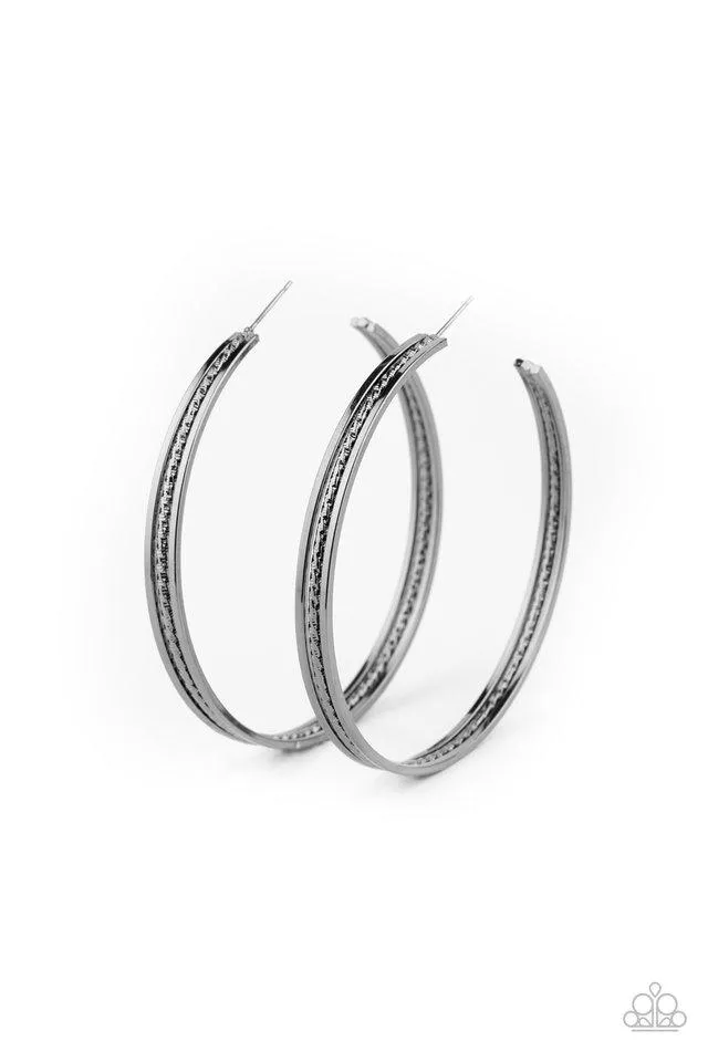 " Midtown Marvel" Black Gunmetal Diamond Cut Textured Hoop Earrings