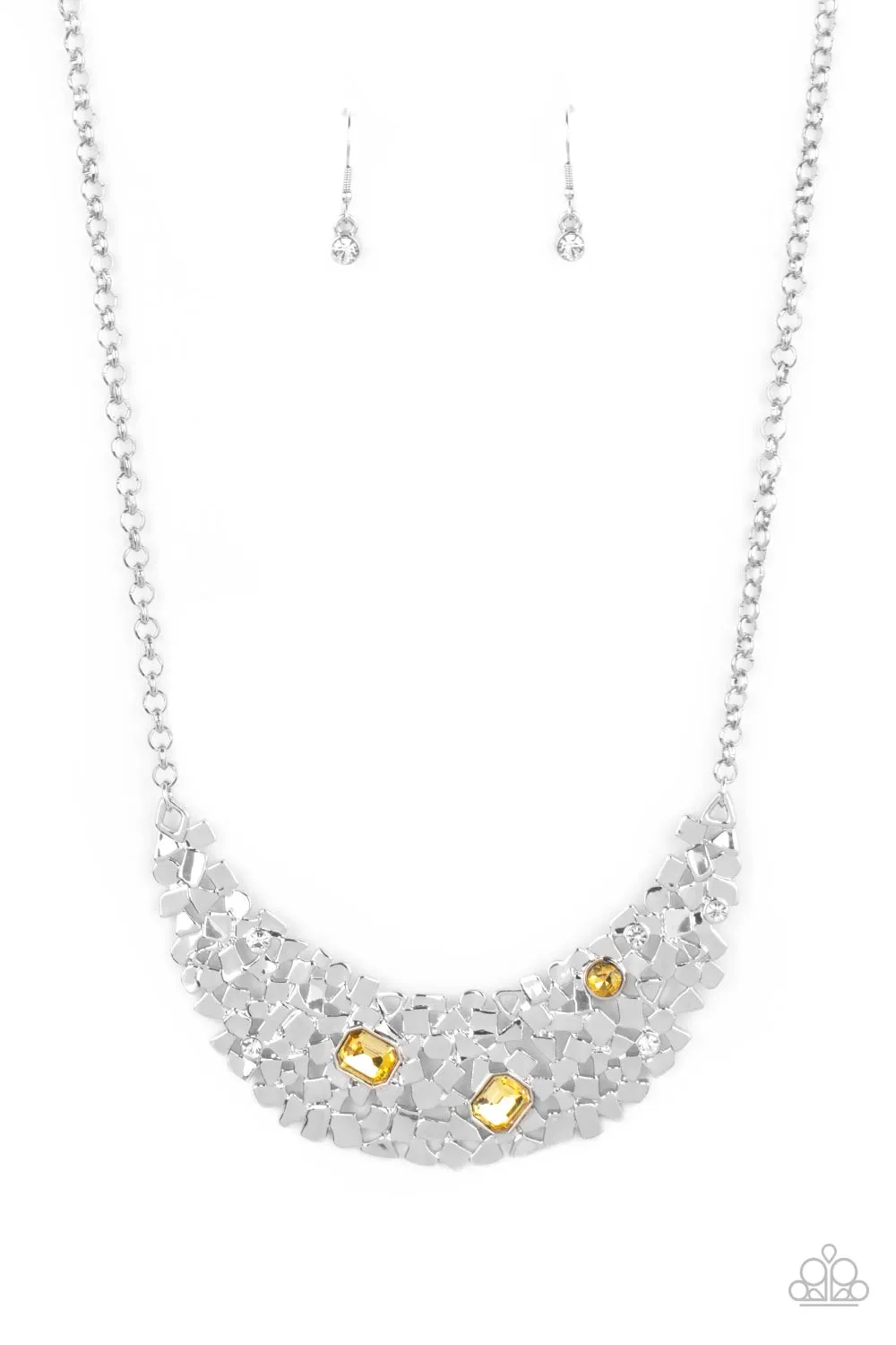 "Fabulously Fragmented" Silver Metal & Yellow Rhinestone Bib Necklace Set
