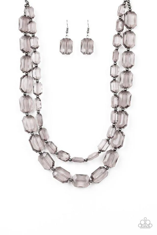 "Ice Bank" Black Metal Multi Layered Smoky Gray Necklace Set