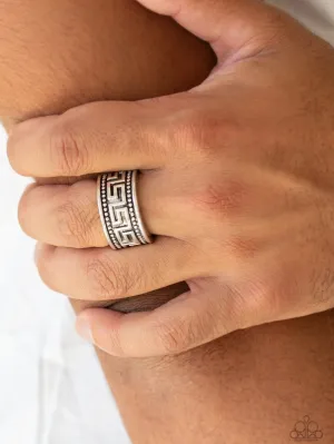 "Tycoon Tribe" Men's Silver Metal Greek Key Design Band Elastic Ring