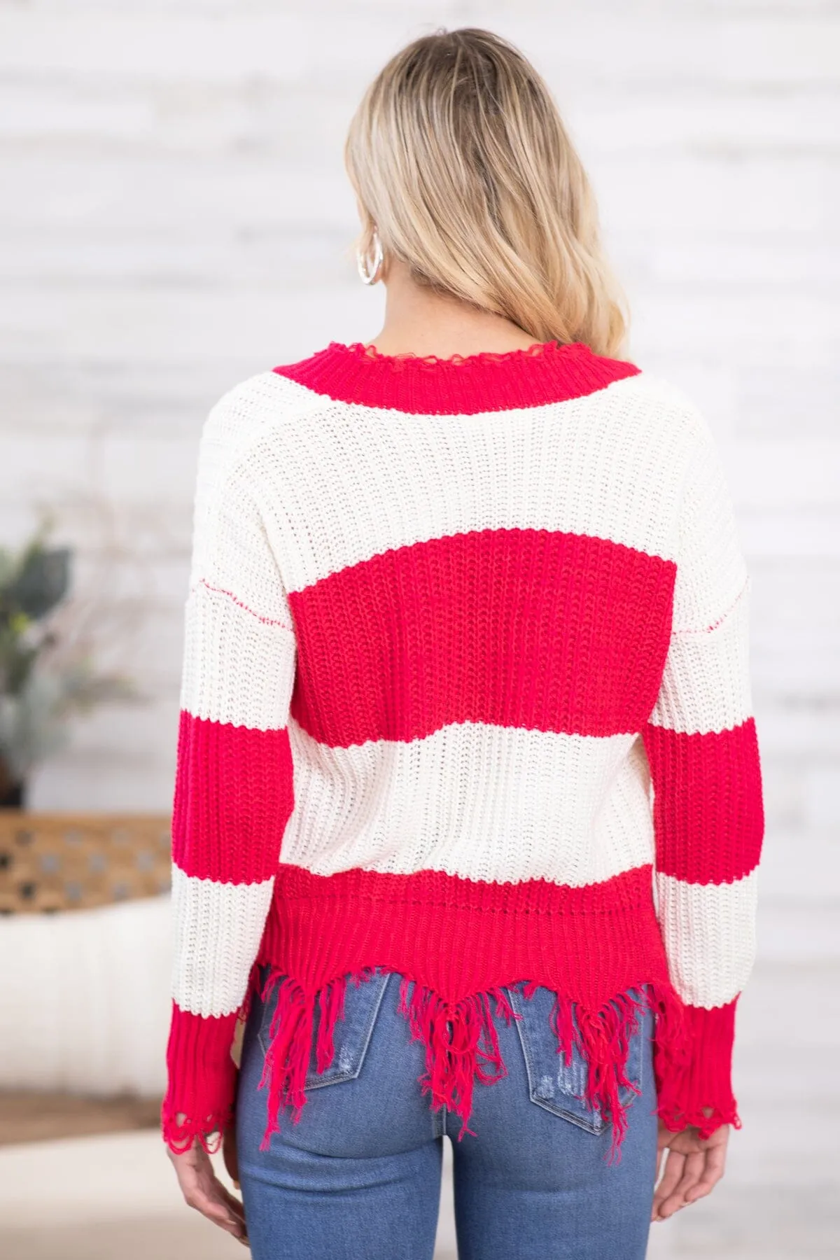 Raspberry and Ivory Fringe Hem Stripe Sweater