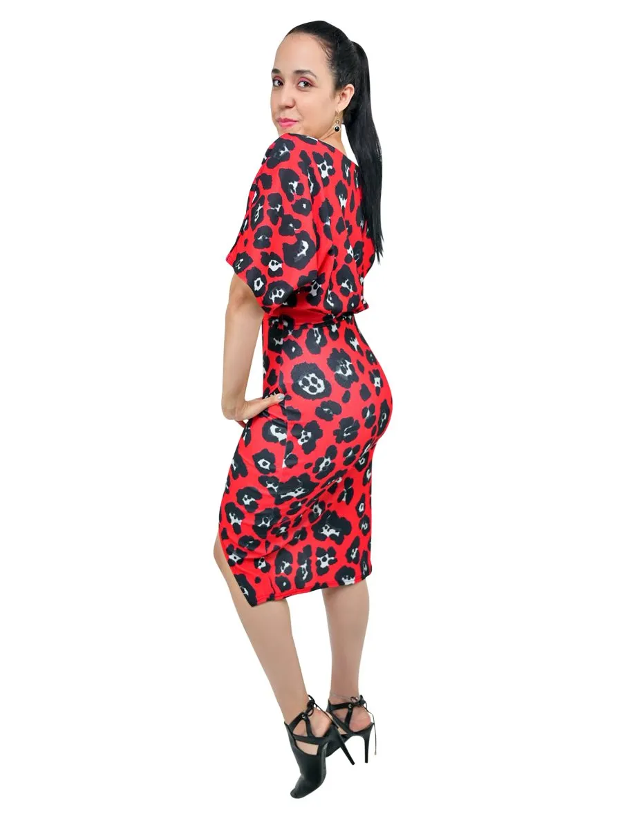 Red Leopard Print Batwing Midi Dress